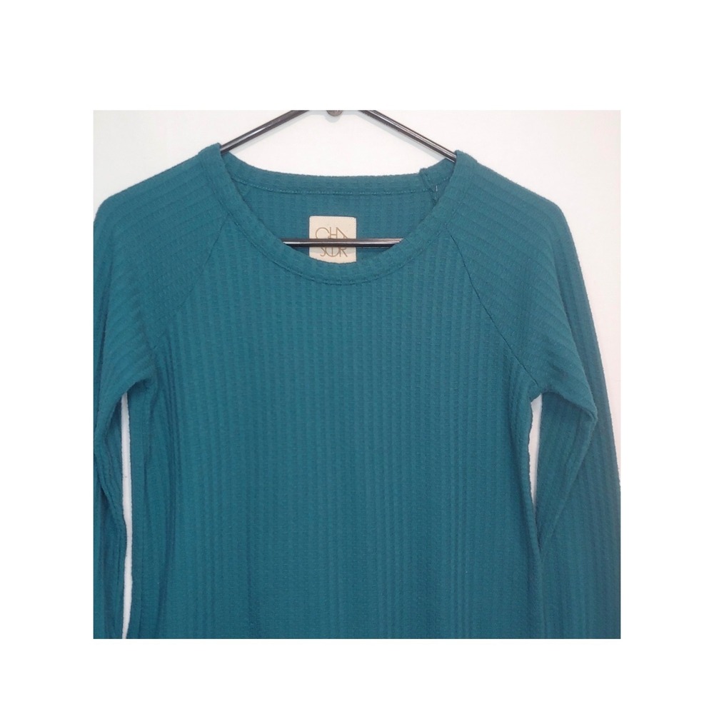 Chaser Womens Teal Waffle Knit Long Sleeve Crew Neck Henley Curved Hem Thermal S - Picture 3 of 11